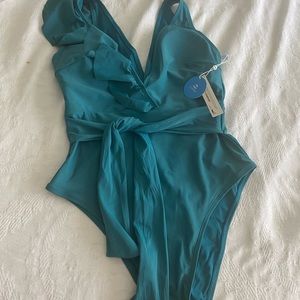NWT Cupshe Teal Swimsuits One Piece, Ruffle, V-cut front and Back Large size